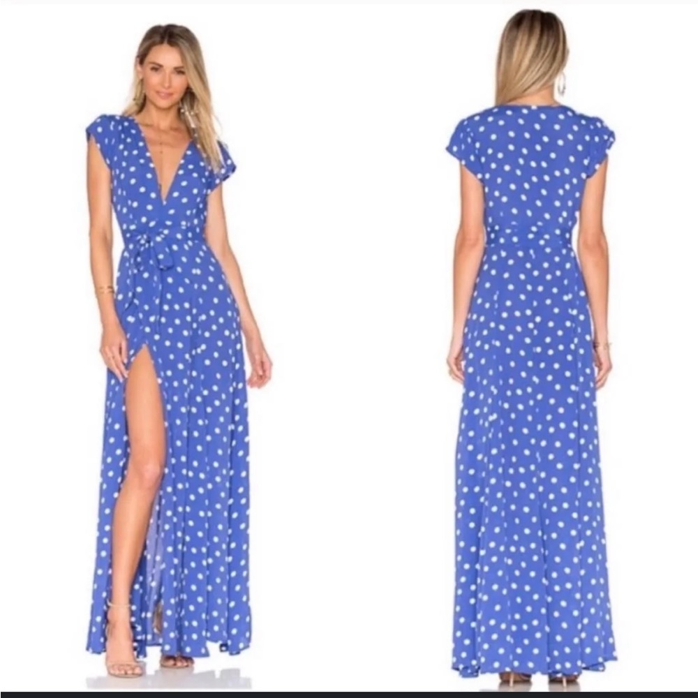 Tularosa - Blue and cream polka dot wrap dress